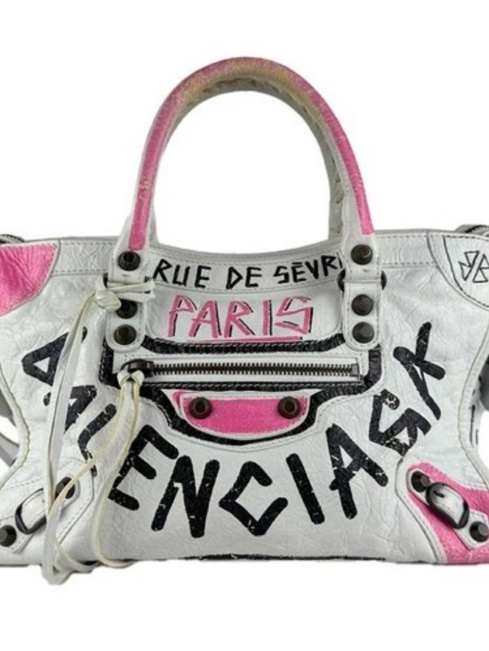 Auth BALENCIAGA Classic City Grafiti Handbag White/Black/Pink Leather - z10885